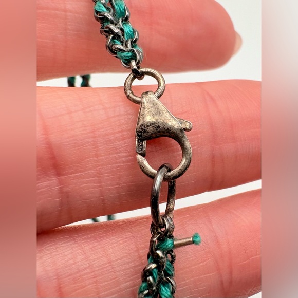 Vintage 925 Sterling Silver Woven Green Silk Open Heart Double Chain Bracelet - Picture 4 of 6